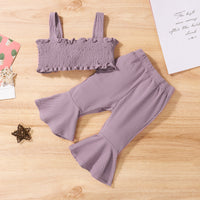 Children's Clothing Summer Sunken Stripe Cotton Bow Suspenders Short Shirt Bell-bottom Pants Suit