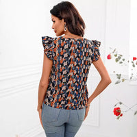 New European And American-style Printed V-neck Short-sleeve Womens Top