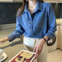 Deep Blue Vintage Straight-Shoulder Hong Kong-Style Soft Denim Shirt