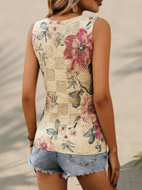 Floral-print Sleeveless Hollow-out Knit Sweater Vest
