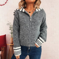 Simple Contrast Color Large Lapel Zipper Knitted Cardigan Loose Casual Sweater