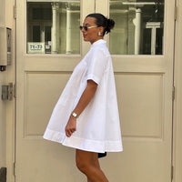 Turn-down Collar Short-sleeve Shirt Loose-waist Dress For Women