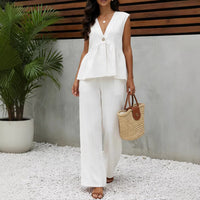Womens Casual V-neck Top And Wide-leg Pants Two-piece Set