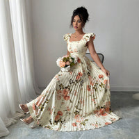 Printed Flutter Sleeve Defined Waist Pleated Dress