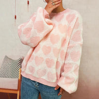 Fashion Color Contrast Knitted Pullover Round Neck Love Loose Sweater