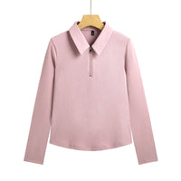 Womens Fashion Minimalist Slim-Fit Half-Zip T-Shirt