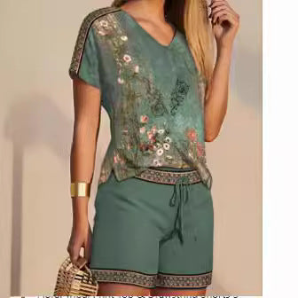 Fashion Printed Comfortable V-neck Top And Shorts Two-piece Set