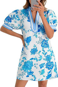 Casual Floral Puff Sleeve V-Neck Colorblock Loose Dress