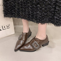 Women's Patent Leather Pointed Toe Block Heel Deep Vamp Pumps, Rhinestone Square Buckle Fashion Shoes, Versatile Commuter Elegant High Heels