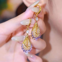 Light Luxury Purple Zircon Mesh Teardrop Drop Earrings, Elegant French Style Ear Cuffs, Niche Design