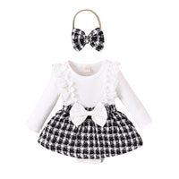Long Sleeve Stitching Woven Style Plaid Skirt Bow Romper