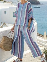 Summer Striped Suits Loose Batwing Sleeve T-shirt And Solid Straight-leg Pants