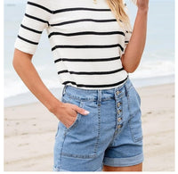 Womens Button-fly High-waist Cuffed Denim Shorts
