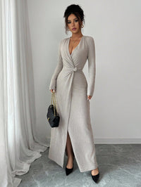 Solid-color Sexy V-neck Long-sleeve High-slit Dress