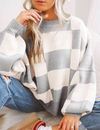Contrast Color Checkerboard Loose And Lazy Style Stitching Sweater