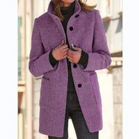 New Retro Solid Color Buttoned Turtleneck Wool Coat