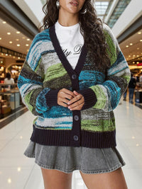 Gradient Striped V-neck Knitted Cardigan Women's Color-contrasting Stripe Retro Short Fashionable Blended Sweater Coat