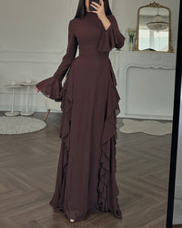 Elegant Casual High-Waisted Solid-Color Flare-Sleeve Dress