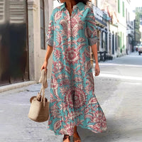 Womens Long-Sleeve Lapel-Neck Digital-Print Dress