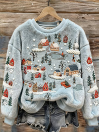 Womens 3D DigitalPrint Flannel Crewneck Sweatshirt For FallWinter
