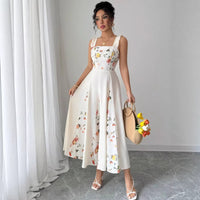 European And American Style French Cut-Waist Floral Embroidery Sleeveless Maxi Dress