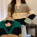 V-collar Contrast Color Short Long-sleeved Sweater Women's Striped Binding Rope Slimming Slim Fit Petite Top