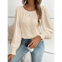 Womens Casual Top With Dotted Lace Trim And Lantern Sleeves