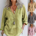 Fashionable Long-Sleeved Cotton-Linen Solid-Color Vintage V-Neck Pullover Shirt