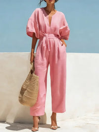 Fashionable V-Neck Solid Color Cotton-Linen Jumpsuit For Women