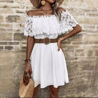Summer Water-Soluble Lace Panel Off-Shoulder Waist-Cinching Dress