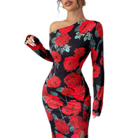 SpringAutumn Elegant Rose-Print Slit Sheath Dress