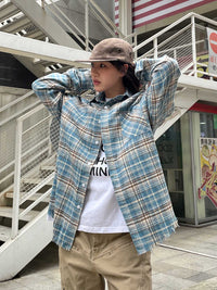 Retro Polo Shirt Plaid Long-sleeved Shirt Loose Worn Top