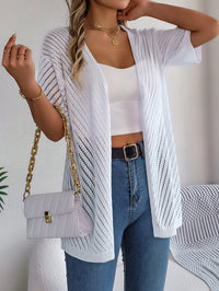 Women S Vertical Stripe Hollow Out Short Sleeve Knit Cardigan Cover-Up