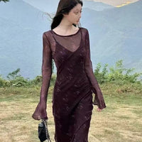 Womens Purple Mesh Flared-Sleeve Floral Slip Dress