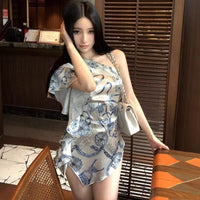 Teal Patterned Off-Shoulder Short-Sleeve Dress Womens Asymmetrical Mini Dress