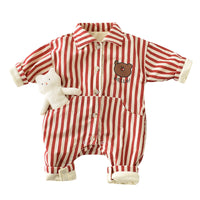 Bear Striped Lapel Thickened Long Crawl Jumpsuit