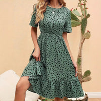 Womens Fashion Polka-Dot Crew-Neck Short-Sleeve Dress