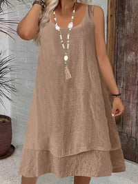 Womens Casual Loose-Fitting Stylish Elegant Sleeveless Solid-Color Crew-Neck Dress