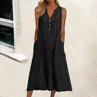 Fashionable Pocketed V-Neck Striped Sleeveless Casual Dress