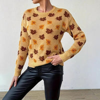Maple Leaf Round Neck Loose Woolen Pullover Top