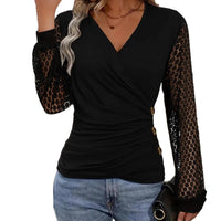 Womens Solid-Color Patchwork Lace Loose Cross-Over T-Shirt Top