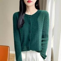 Women's Round Neck Wool Cardigan Twisted Wool Sweater