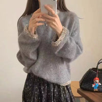 Autumn And Winter Design Collar Hem Bright Silk Solid Color Mohair Sweater