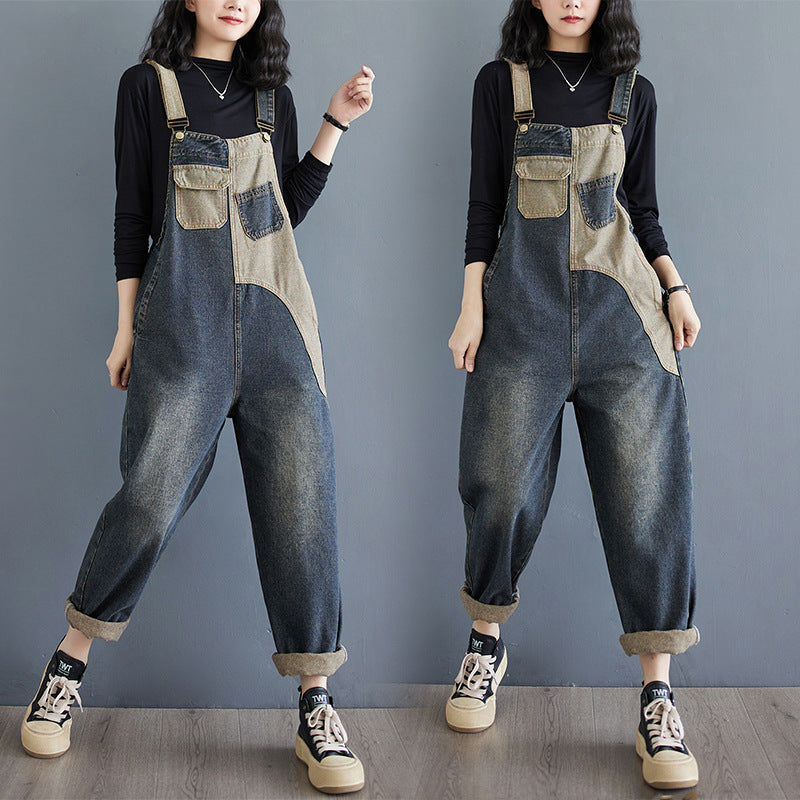 Autumn New Plus Size Loose Denim Suspender Pants