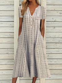 Fashionable Pocketed V-Neck Striped Casual Dress For Women