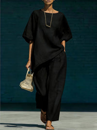 Short-sleeve Top With An Asymmetrical Hem And Wide-leg Pants Set