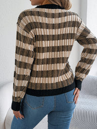 Women Round Neck Retro Stripe Lantern Sleeve Long Sleeve Pullover Sweater