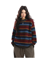 Women's American-style Contrast Striped Round Neck Sweater Autumn