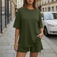 Round-neck Casual Loose-fitting Short-sleeve Shorts Womens Set