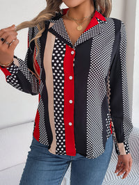 Women's Office Elegant Color Block Polka Dot Notched Lapel Long Sleeve Shirt